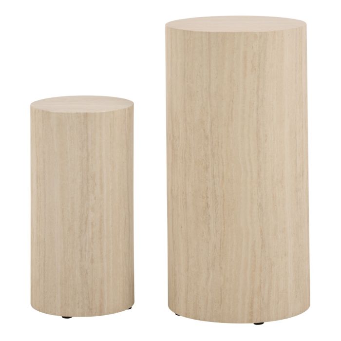 Two cylindrical wooden stools on a white background