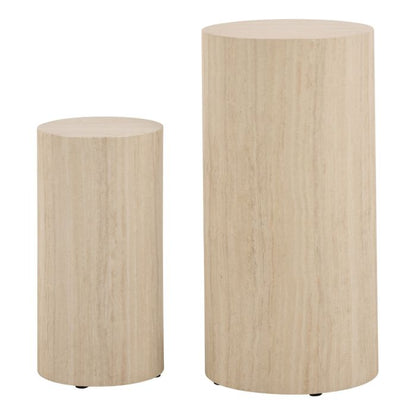 Two cylindrical wooden stools on a white background