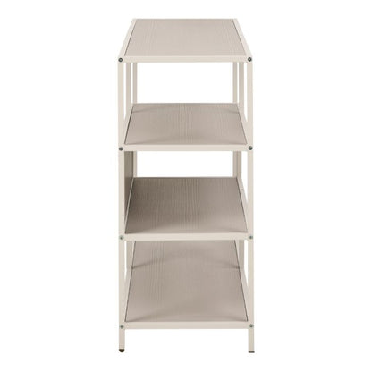 Three-tier metal shelf with textured surface on a white background