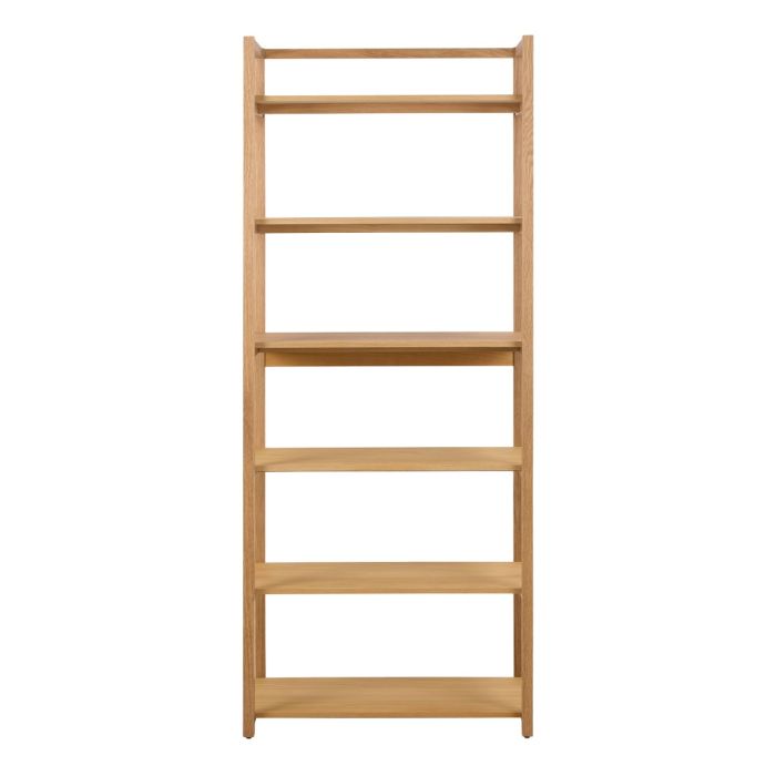 Wooden bookshelf with five shelves on a white background