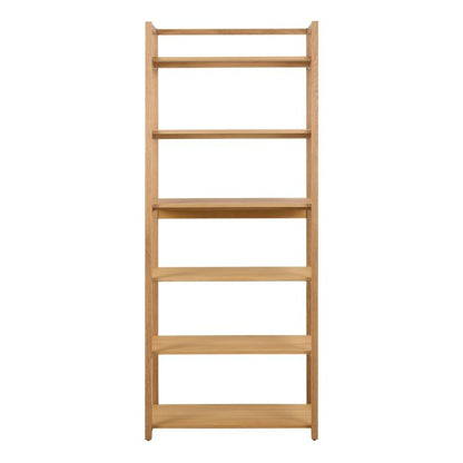 Wooden bookshelf with five shelves on a white background