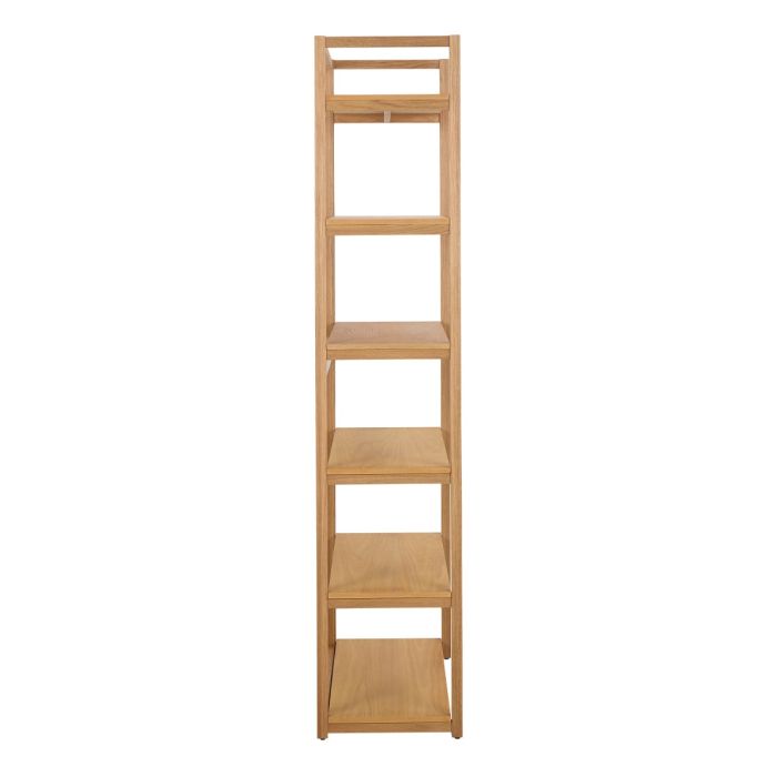 Wooden bookshelf with four shelves on a white background