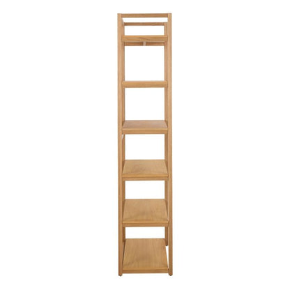 Wooden bookshelf with four shelves on a white background