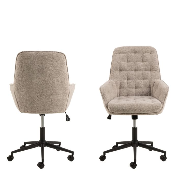 Two beige office chairs with quilted design on a white background