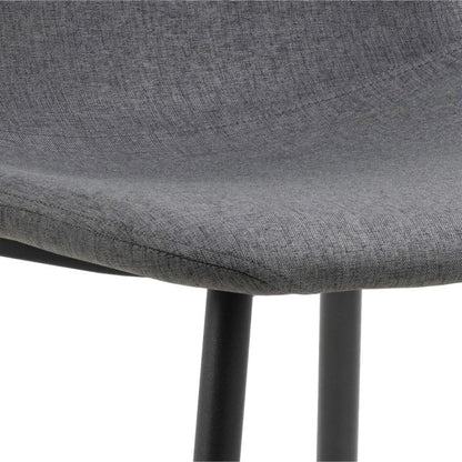 Gray upholstered chair with black metal legs on a white background