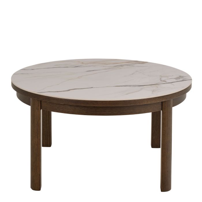 Round coffee table with marble top and wooden legs on a white background