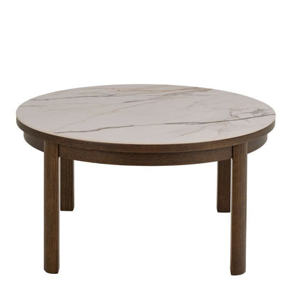 Round coffee table with marble top and wooden legs on a white background