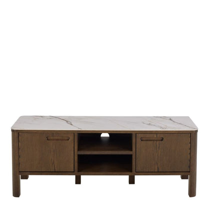 Wooden TV stand with marble-like top on a white background