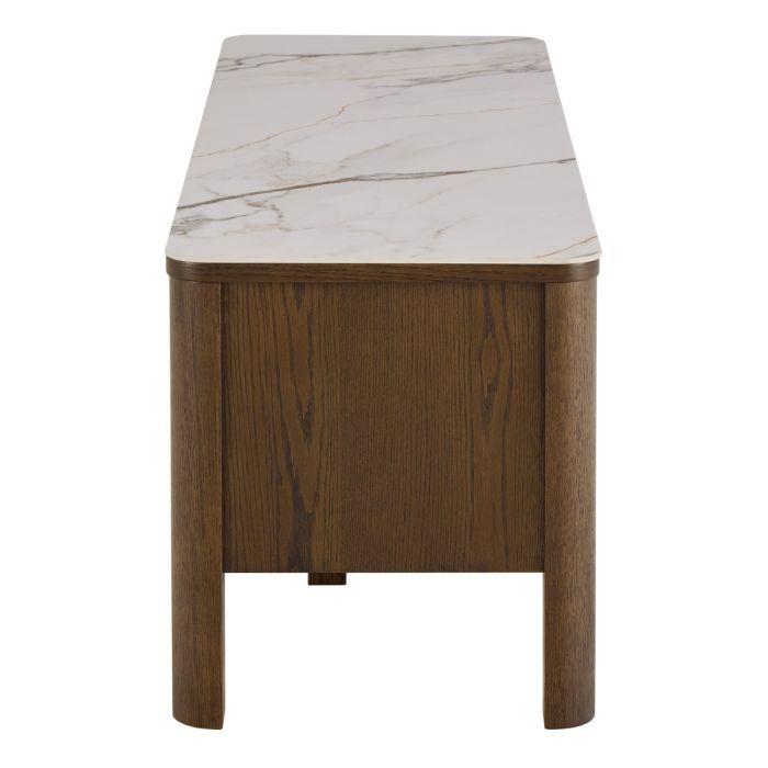 Wooden table with marble-like top on a white background