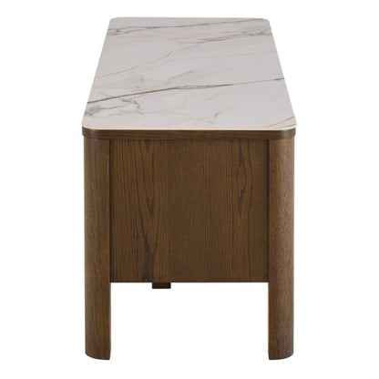Wooden table with marble-like top on a white background