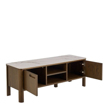 Wooden entertainment console with open doors on a white background