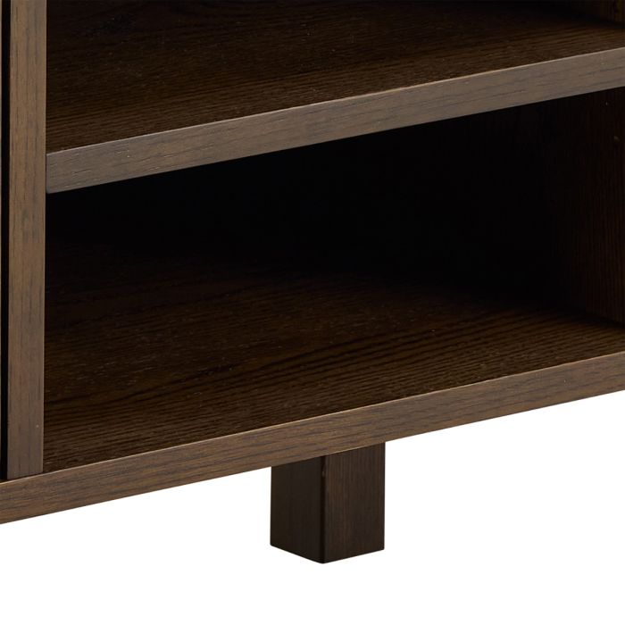 Close-up of a wooden shelf with a dark brown finish on a white background