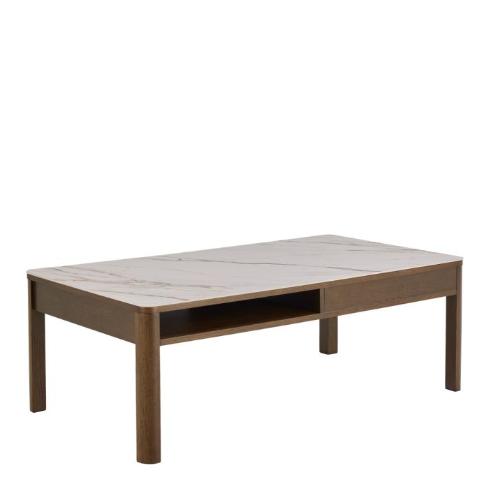Coffee table with marble-like top and wooden legs on a white background