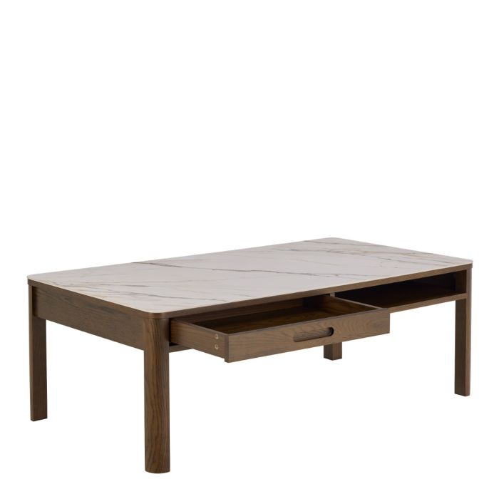 Wooden coffee table with a drawer on a white background