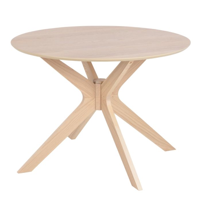 Round wooden table with a minimalist design on a white background