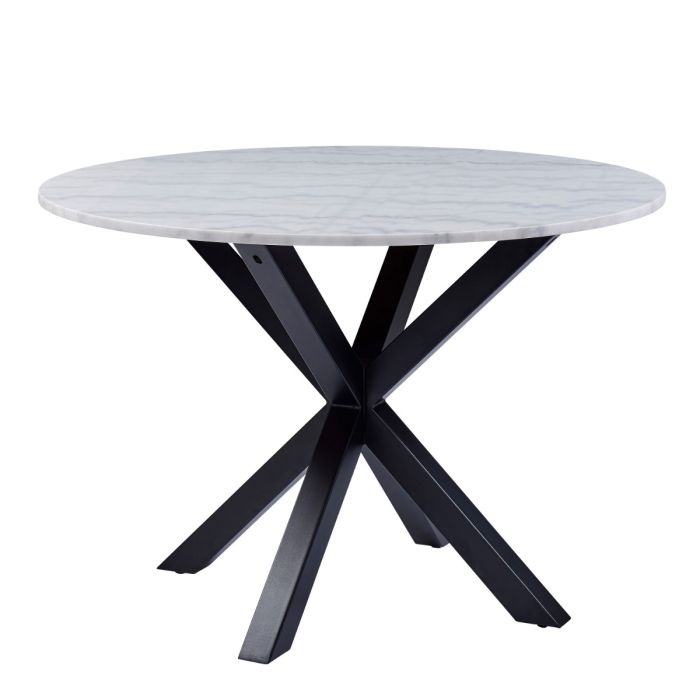Round table with marble top and black metal legs on a white background