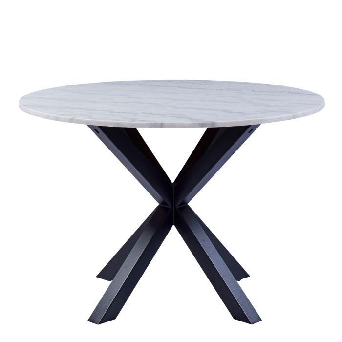 Round table with a white marble top and black metal legs on a white background