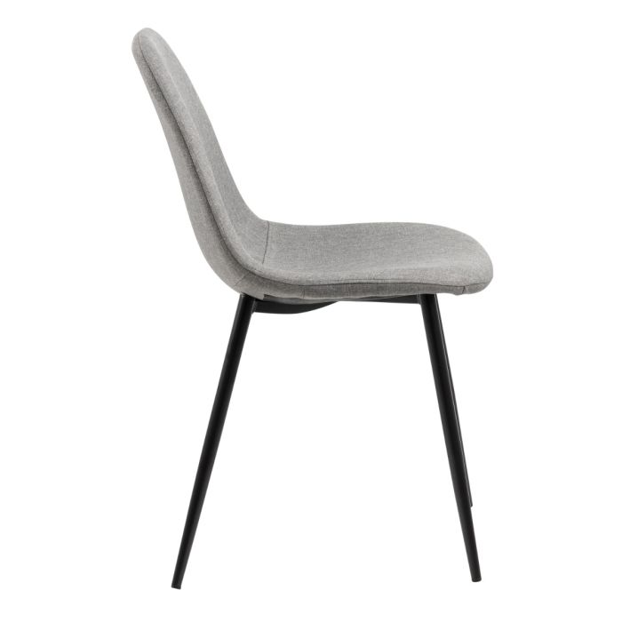 Gray upholstered chair with black legs on a white background