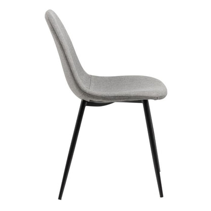 Gray upholstered chair with black legs on a white background