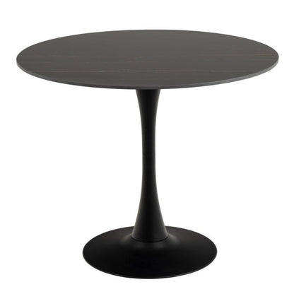 Black round table with a single pedestal leg on a white background