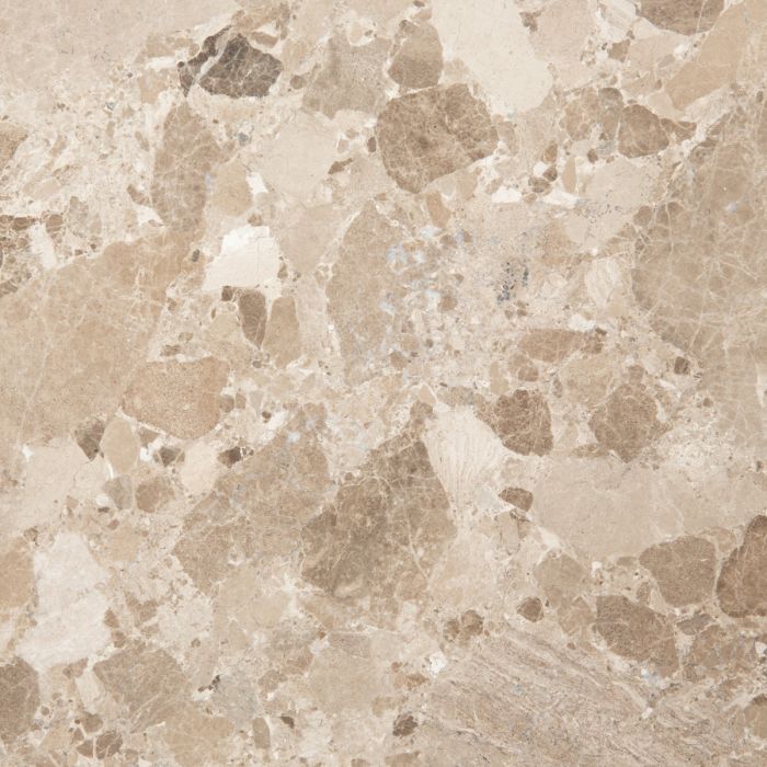 Close-up of a beige and brown marble-like tile pattern