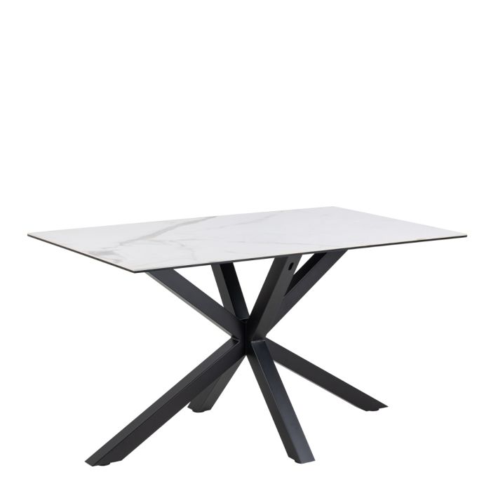 Square table with a white top and black metal legs on a white background