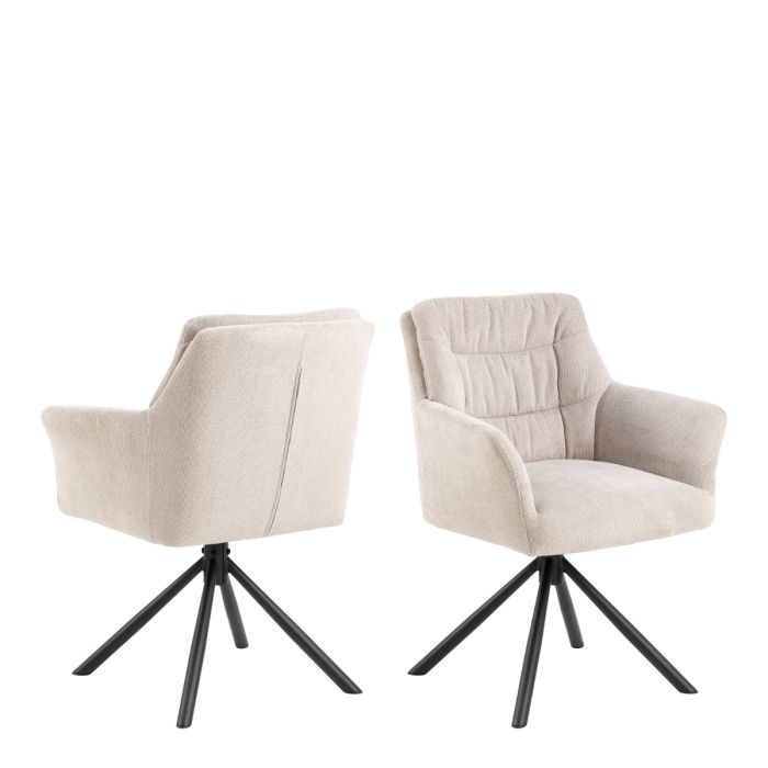 Two beige armchairs with black metal legs on a white background