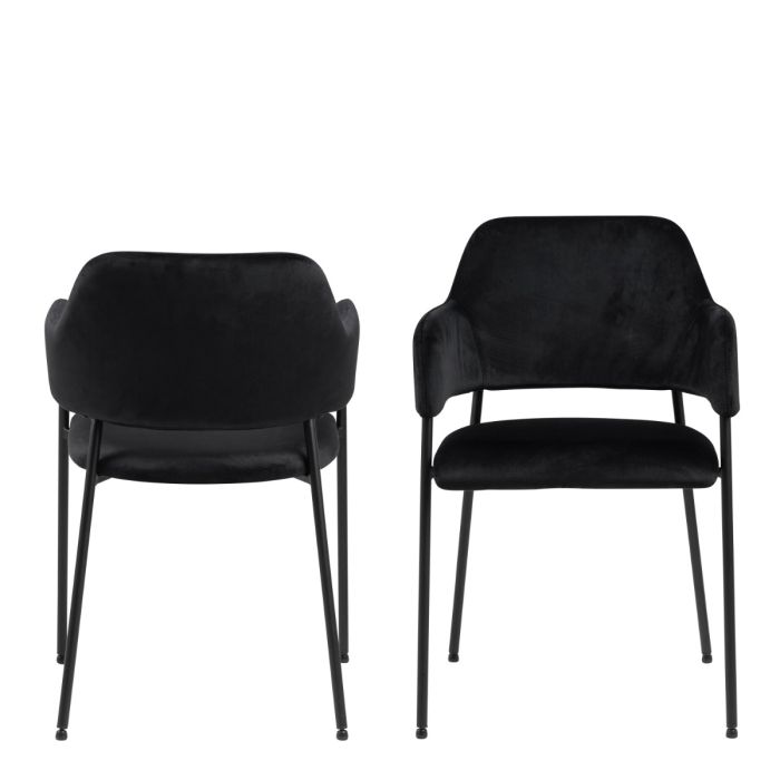 Two black chairs with cushioned seats and backs on a white background