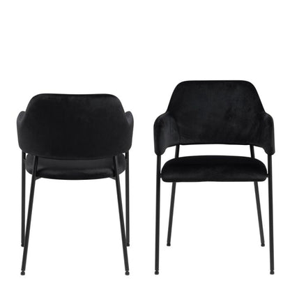 Two black chairs with cushioned seats and backs on a white background