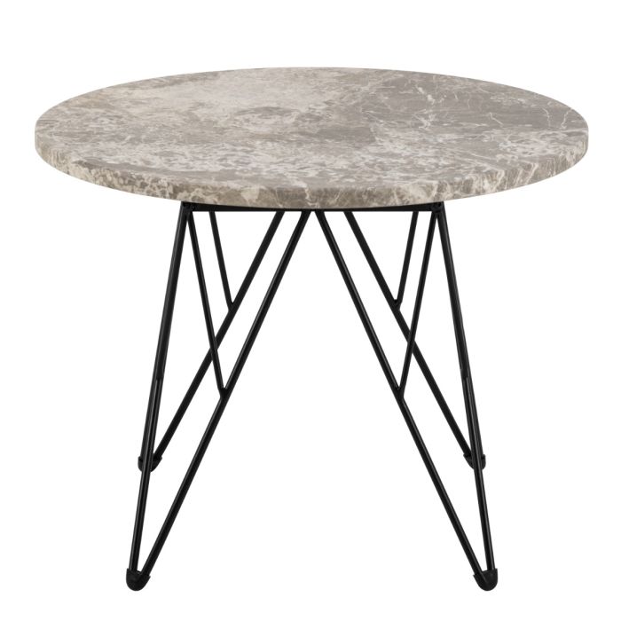 Round marble table with black metal legs on a white background