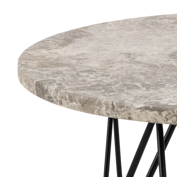 Prunus Round Side Table in Grey Marble and Black Coated Steel Base 