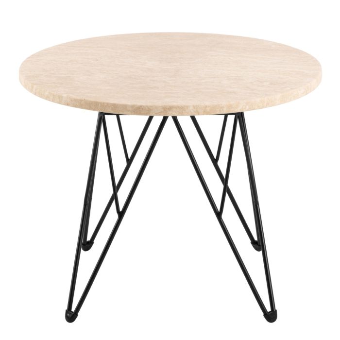 Round table with wooden top and black metal legs on a white background