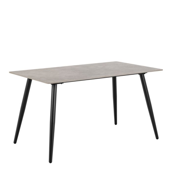 Rectangular table with a light gray top and black legs on a white background