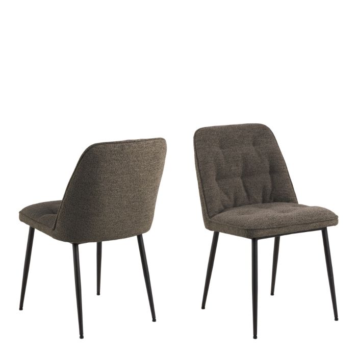 Two brown upholstered chairs with black legs on a white background