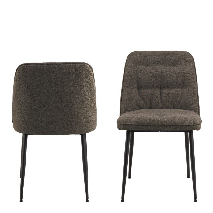 Two brown upholstered chairs with black metal legs on a white background