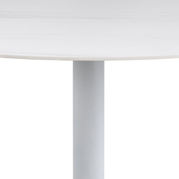 White round table with a gray metal base on a white background