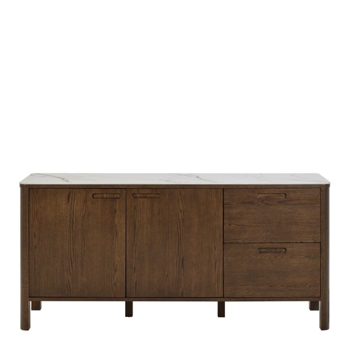 Wooden dresser with marble countertop on a white background