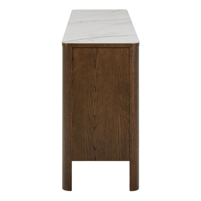 Wooden side table with marble top on a white background