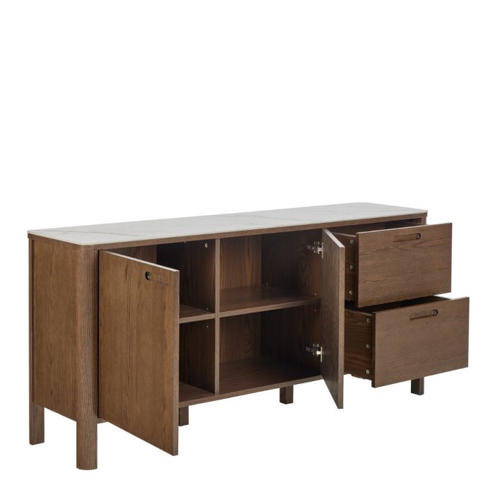 Wooden sideboard with open doors and drawers on a white background