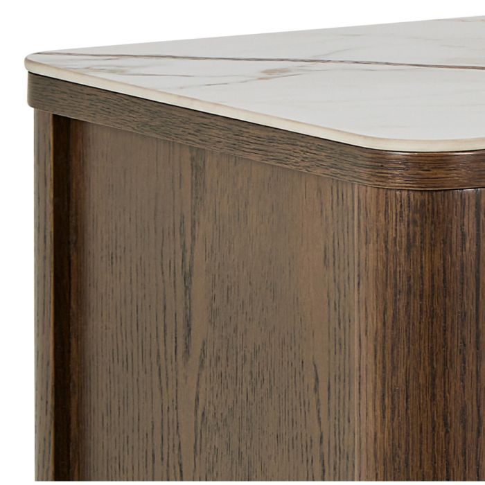 Close-up of a wooden side table with a marble top