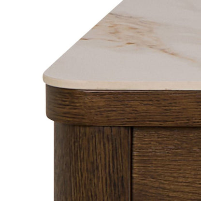 Close-up of a wooden table with a marble top on a white background