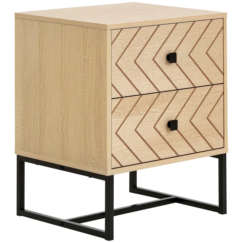 Wooden side table with chevron pattern and black legs on a white background