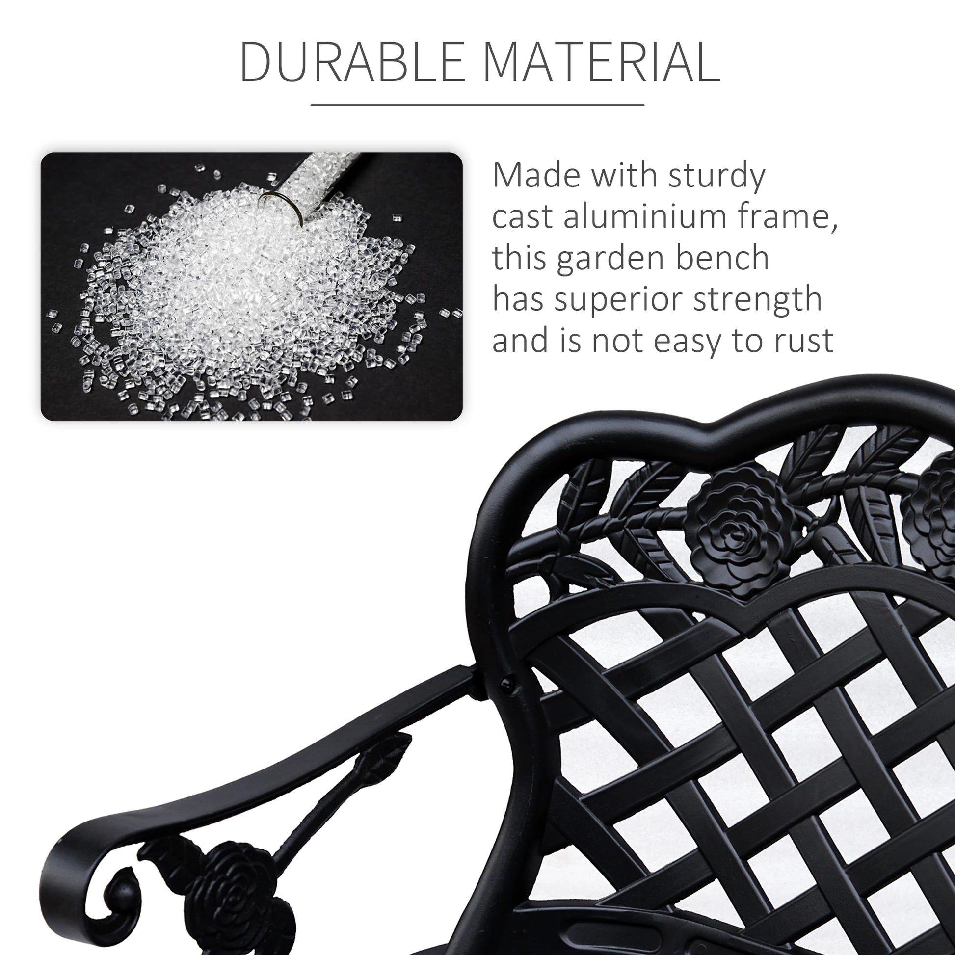 Black garden bench with text about durable material and cast aluminium frame