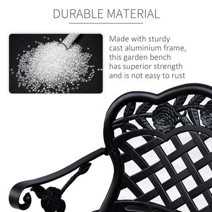Black garden bench with text about durable material and cast aluminium frame