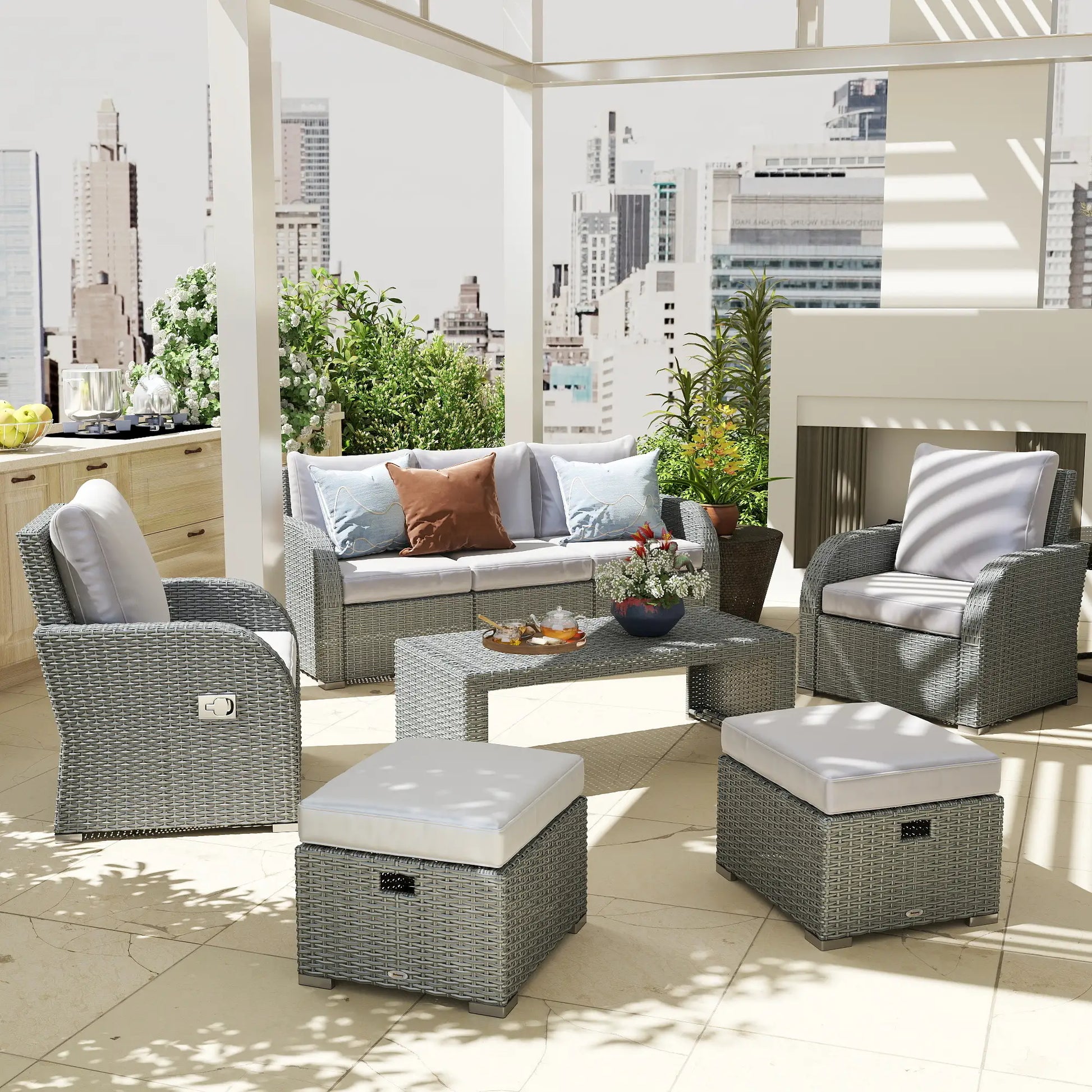 Outdoor patio furniture set with city skyline view