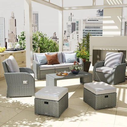 Outdoor patio furniture set with city skyline view