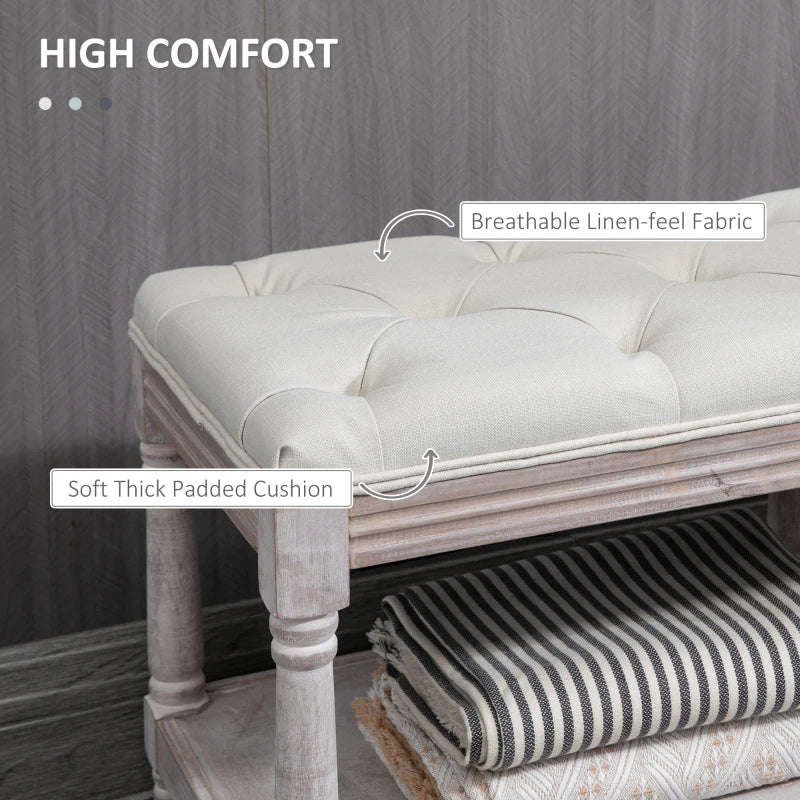 White upholstered bench with text highlighting comfort features against a gray wall.