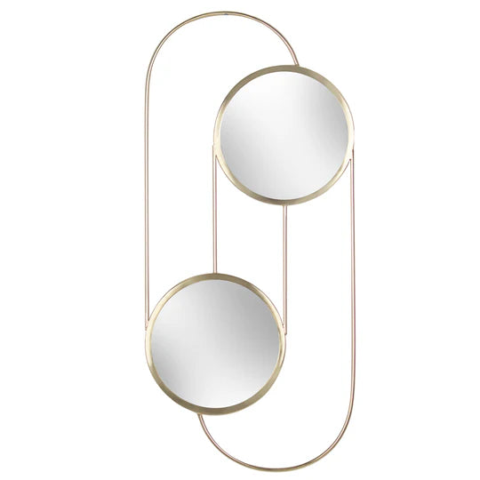 Gold-framed mirror with two circular mirrors on a white background