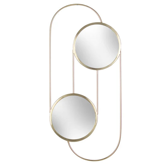 Gold-framed mirror with two circular mirrors on a white background