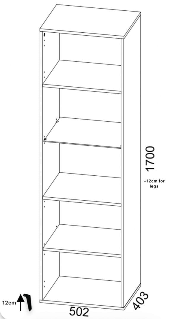 Tall narrow bookshelf with dimensions on a white background
